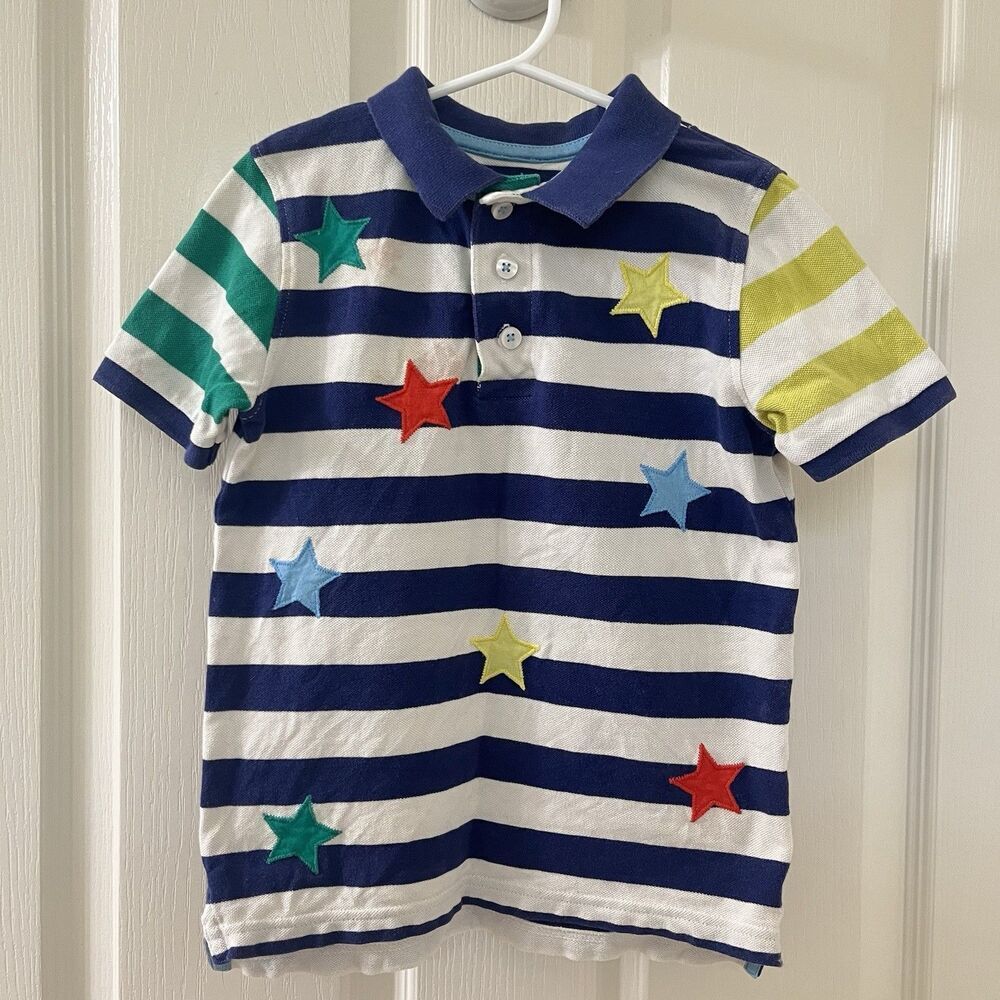 Mini Boden Star Applique Striped Polo Shirt Top Boys Size 5-6 years STAINS